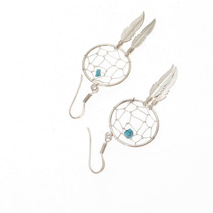 Old Pawn 925 Sterling Silver Vintage Turquoise Dreamcatcher Dangle Earrings