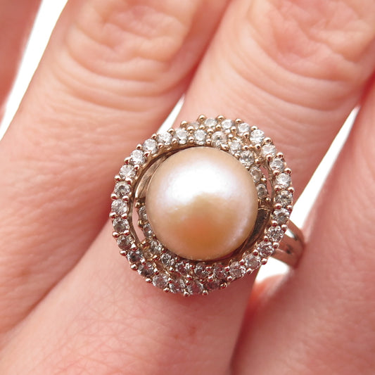 HAROLD TRUJILLO Sterling Rose Gold Plated Real Pearl & White Topaz Ring Size 8