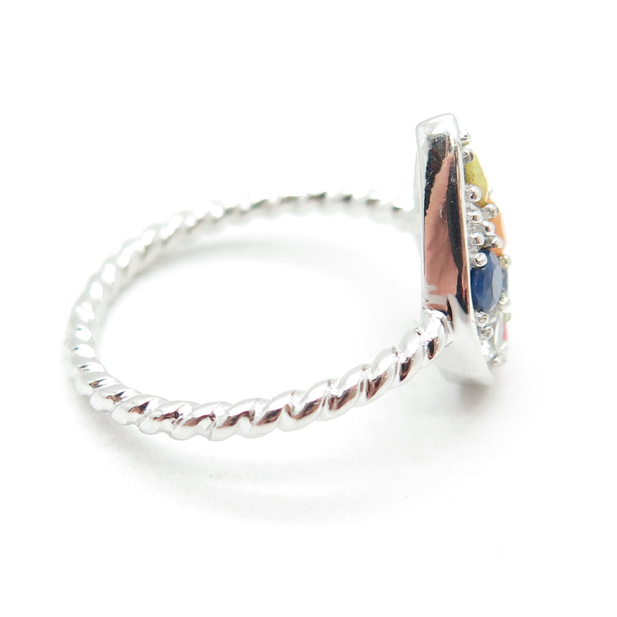925 Sterling Silver Real Multi-Color Sapphire & White Topaz Teardrop Ring Size 8