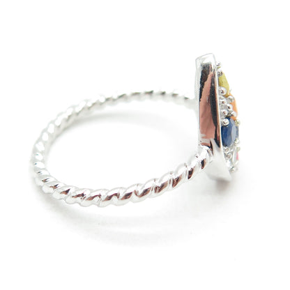 925 Sterling Silver Real Multi-Color Sapphire & White Topaz Teardrop Ring Size 8