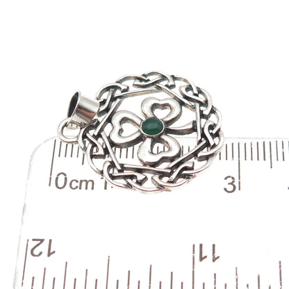 925 Sterling Silver Vintage Real Green Onyx Clover Celtic Knot Charm Pendant