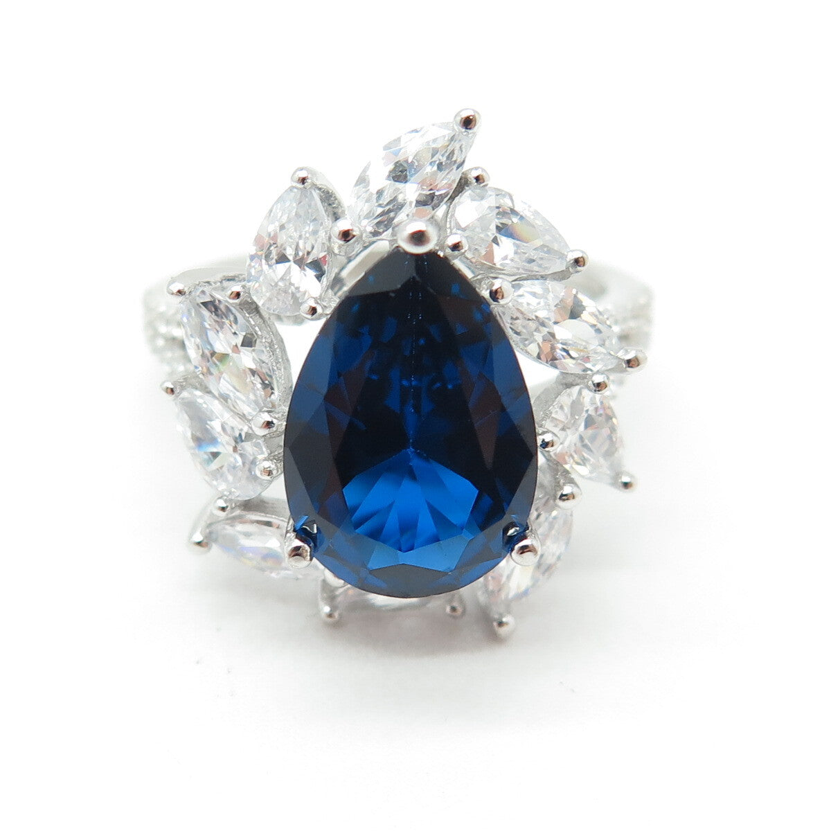 925 Sterling Silver Lab-Created Sapphire & C Z Teardrop Ring Size 8