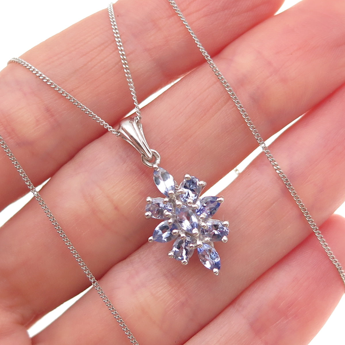 925 Sterling Silver Real Tanzanite Floral Cuban Chain Necklace 18"