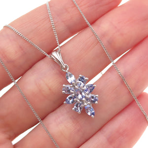 925 Sterling Silver Real Tanzanite Floral Cuban Chain Necklace 18"