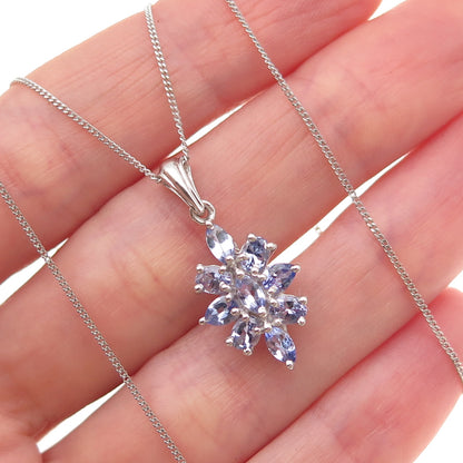 925 Sterling Silver Real Tanzanite Floral Cuban Chain Necklace 18"