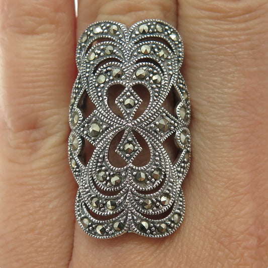 925 Sterling Silver Vintage Real Marcasite Gem Ornate Statement Ring Size 5.75