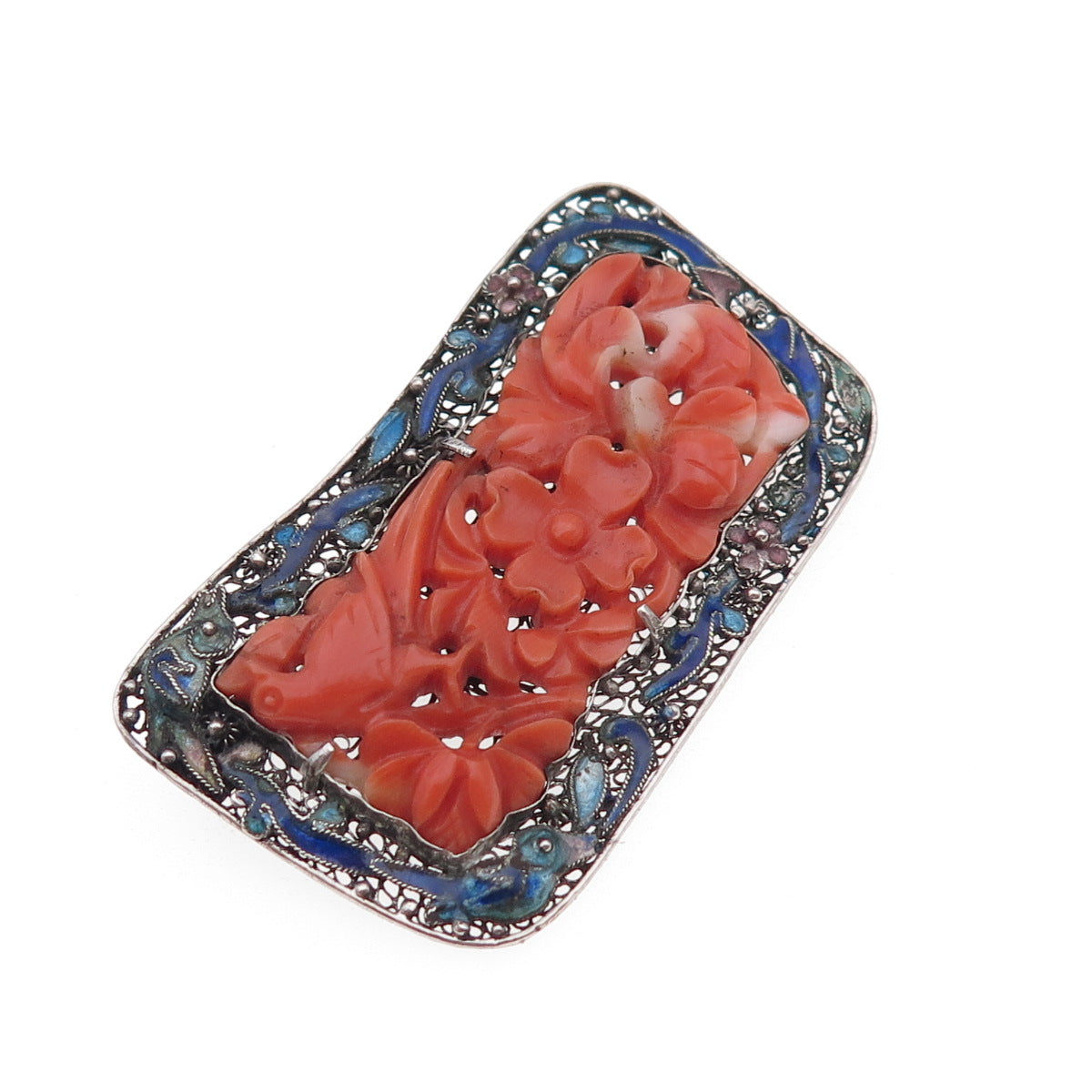 925 Sterling Silver Antique China Real Coral & Enamel Floral Filigree Pin Brooch