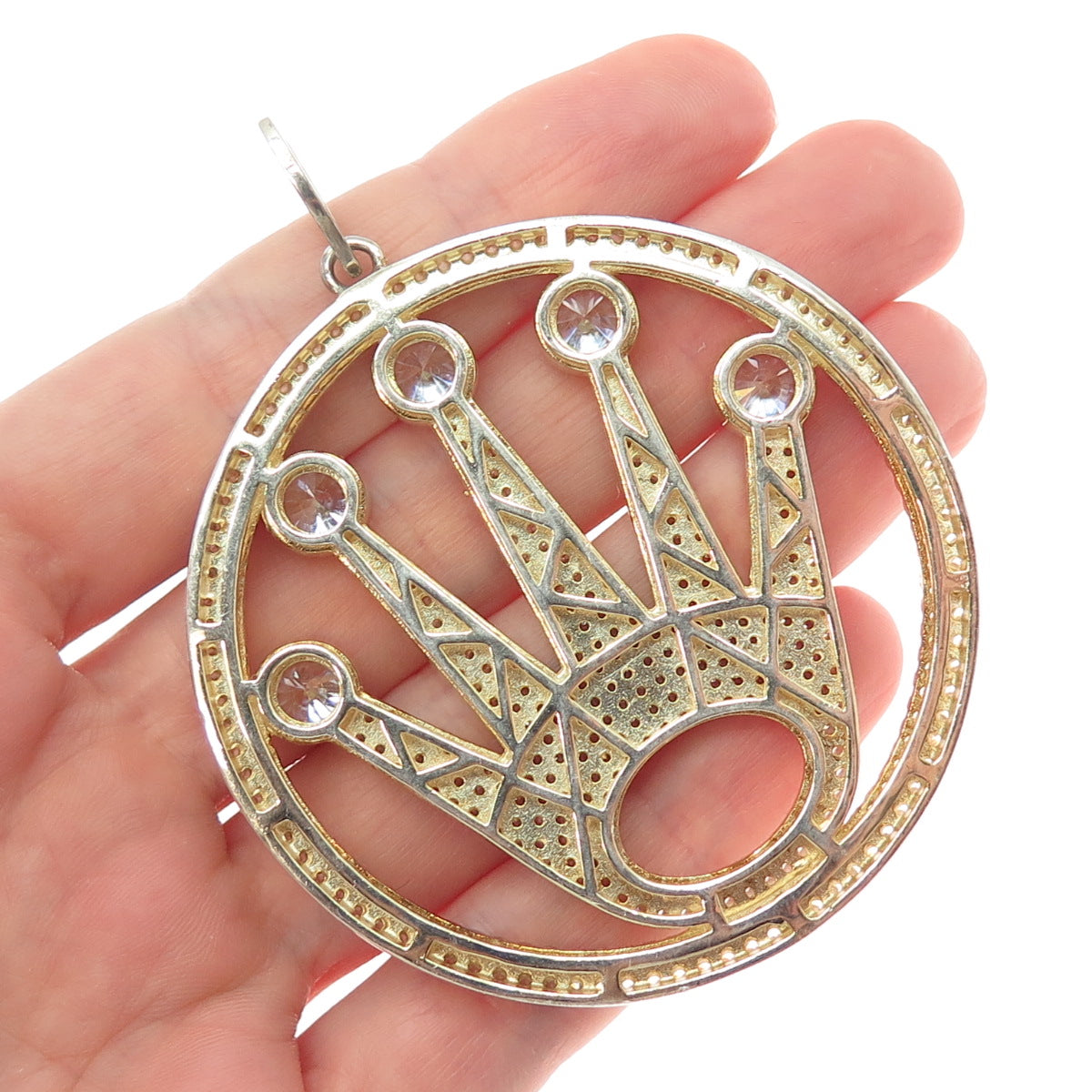 925 Sterling Silver Gold Plated Round-Cut C Z Sparkle Crown Large Pendant