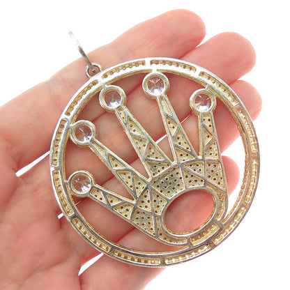 925 Sterling Silver Gold Plated Round-Cut C Z Sparkle Crown Large Pendant