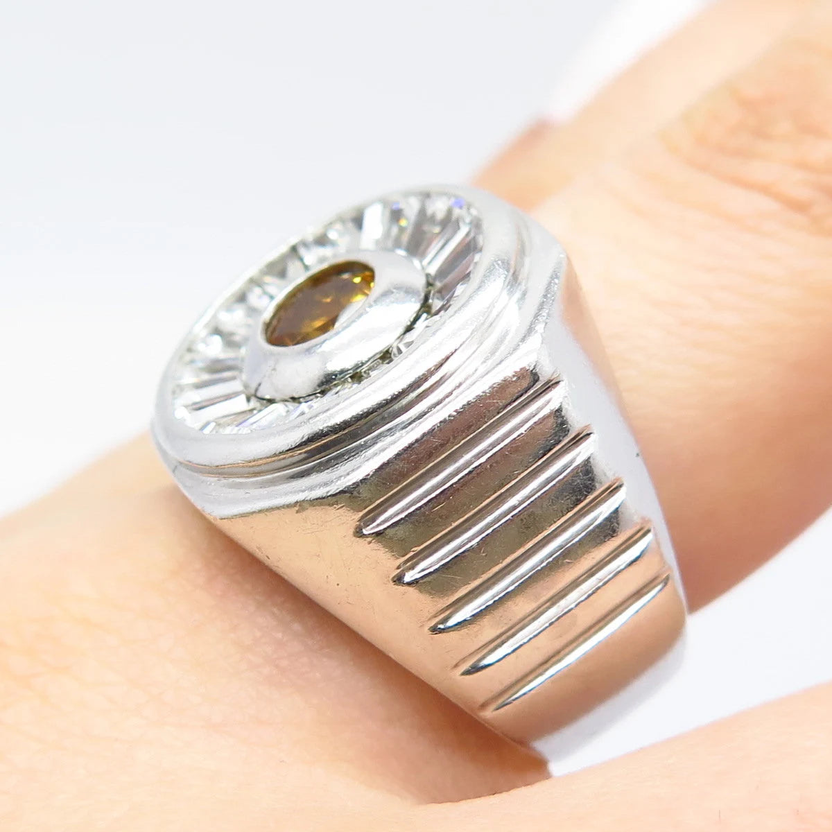 925 Sterling Silver Vintage Real Citrine Gemstone & C Z Wide Ring Size 9.75