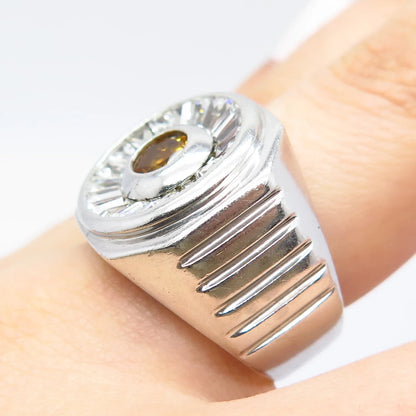 925 Sterling Silver Vintage Real Citrine Gemstone & C Z Wide Ring Size 9.75