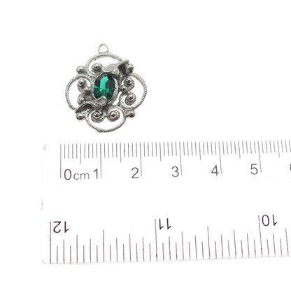 925 Sterling Silver Antique Art Deco Green Rhinestone Floral Mini Charm Pendant