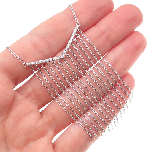 925 Sterling Silver Round-Cut C Z V-Shape Tassel Cable Chain Necklace 24"