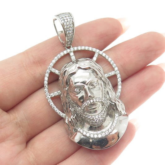 REL 925 Sterling Silver Round-Cut Shaped C Z Jesus Religious Pendant