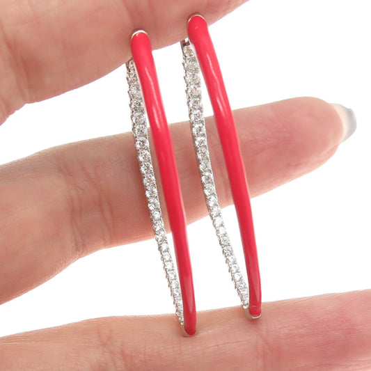 925 Sterling Silver Pave C Z & Red Enamel Hinged Oval Earrings