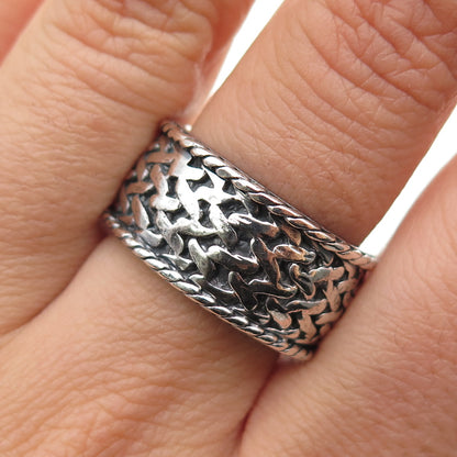 925 Sterling Silver Vintage Modernist Mesh Band Oxidized Ring Size 8.25