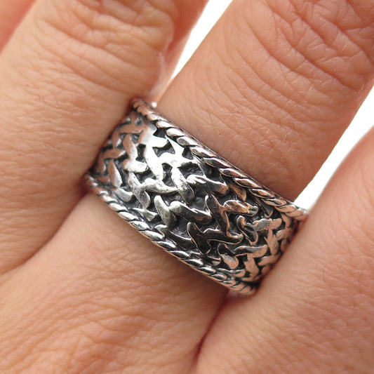 925 Sterling Silver Vintage Modernist Mesh Band Oxidized Ring Size 8.25
