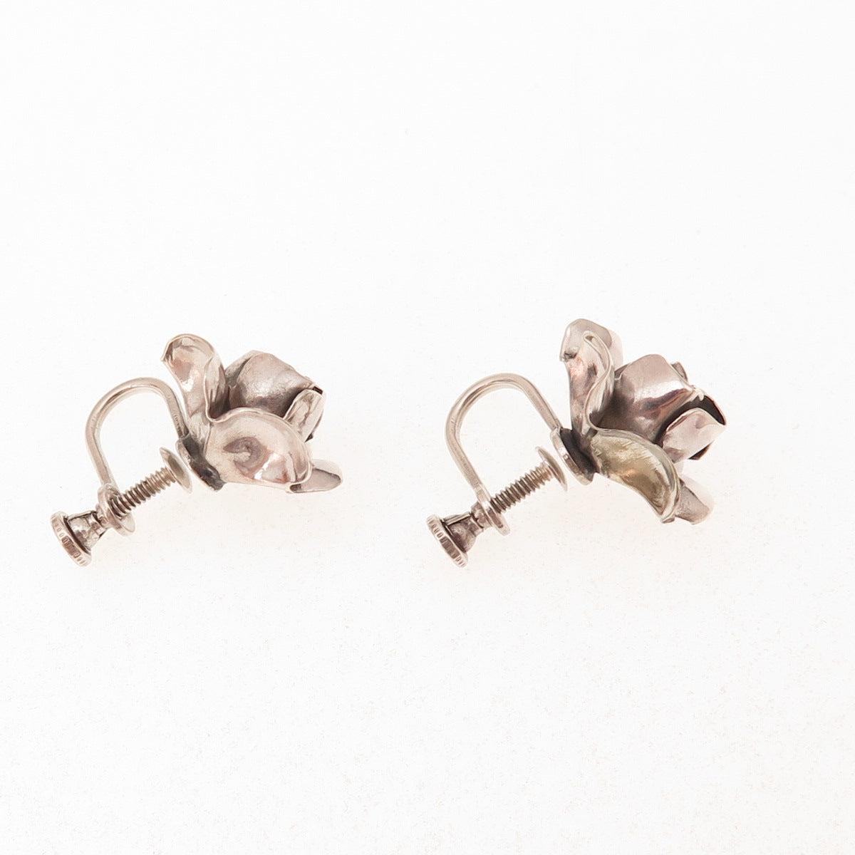 925 Sterling Silver Antique Art Deco Rose Flower Oxidized Screw Back Earrings