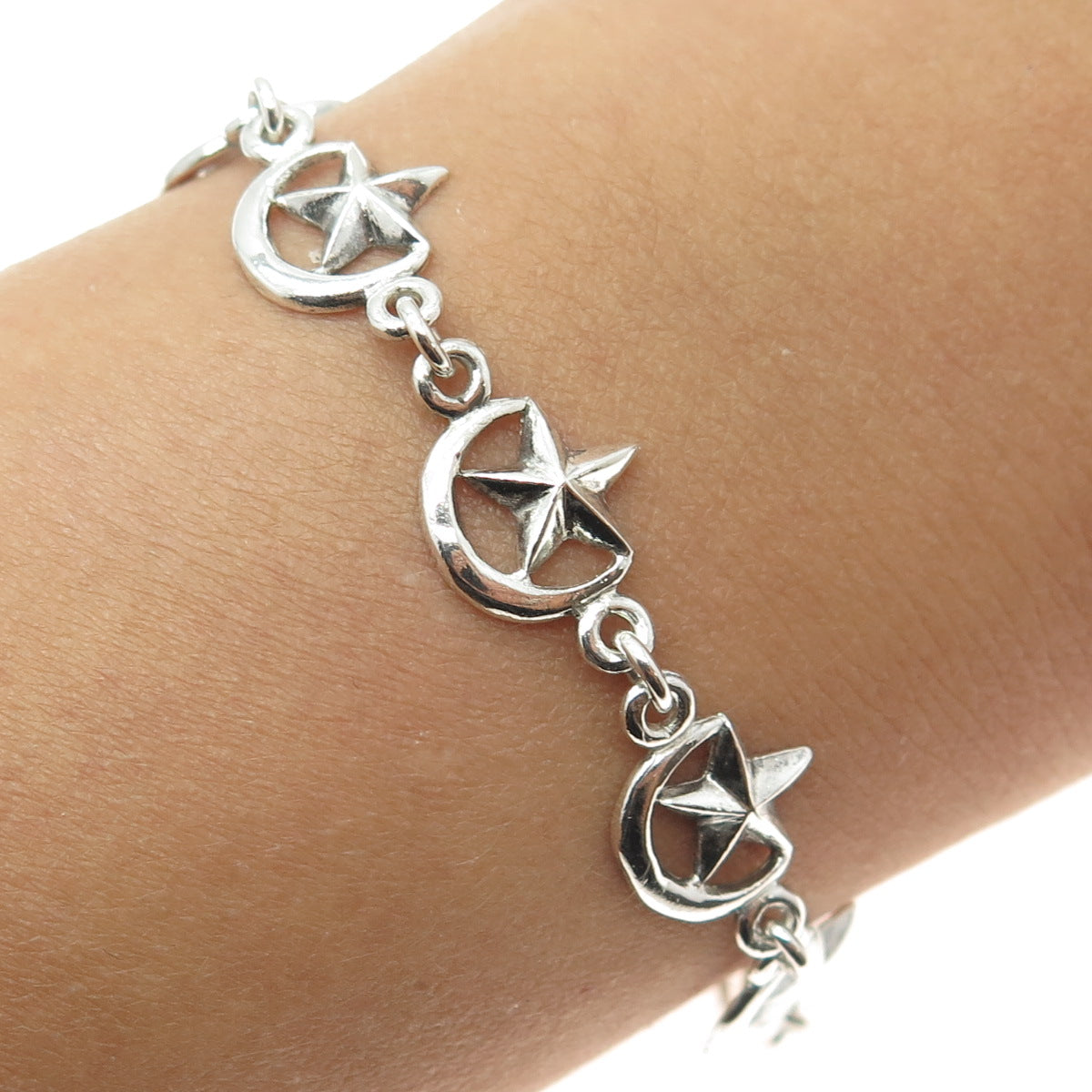 925 Sterling Silver Vintage Crescent Moon & Star Link Bracelet 7.5"