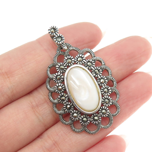 925 Sterling Silver Vintage Real Mother-of-Pearl & Marcasite Floral Pendant