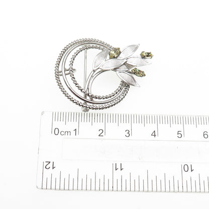 CARL ART Sterling Silver Antique Art Deco Canary Rhinestone Floral Pin Brooch