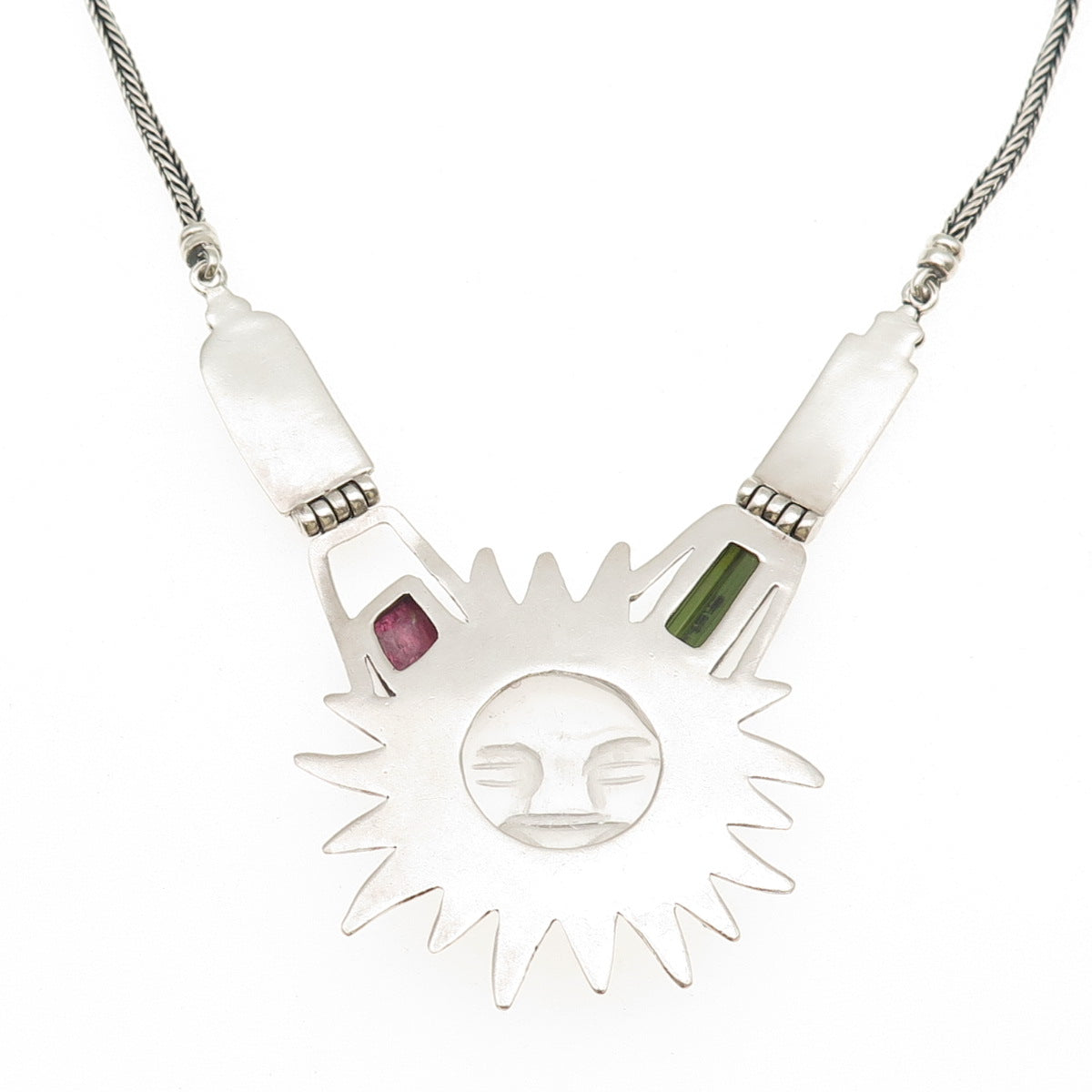 950 Silver Vintage Peru Rock Crystal Pearl & Multi-Tourmaline Sun Necklace 20"