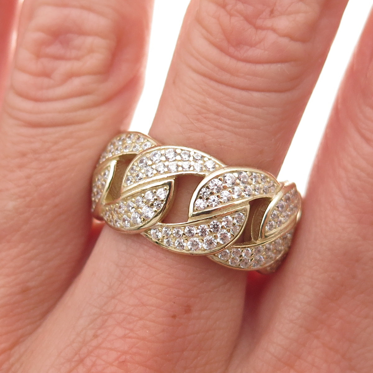 925 Sterling Silver Gold Plated Round-Cut C Z Cuban Link Band Ring Size 9.25