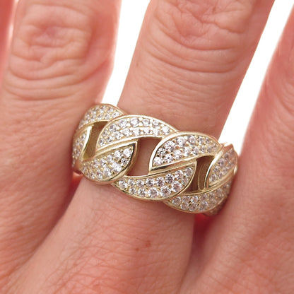 925 Sterling Silver Gold Plated Round-Cut C Z Cuban Link Band Ring Size 9.25