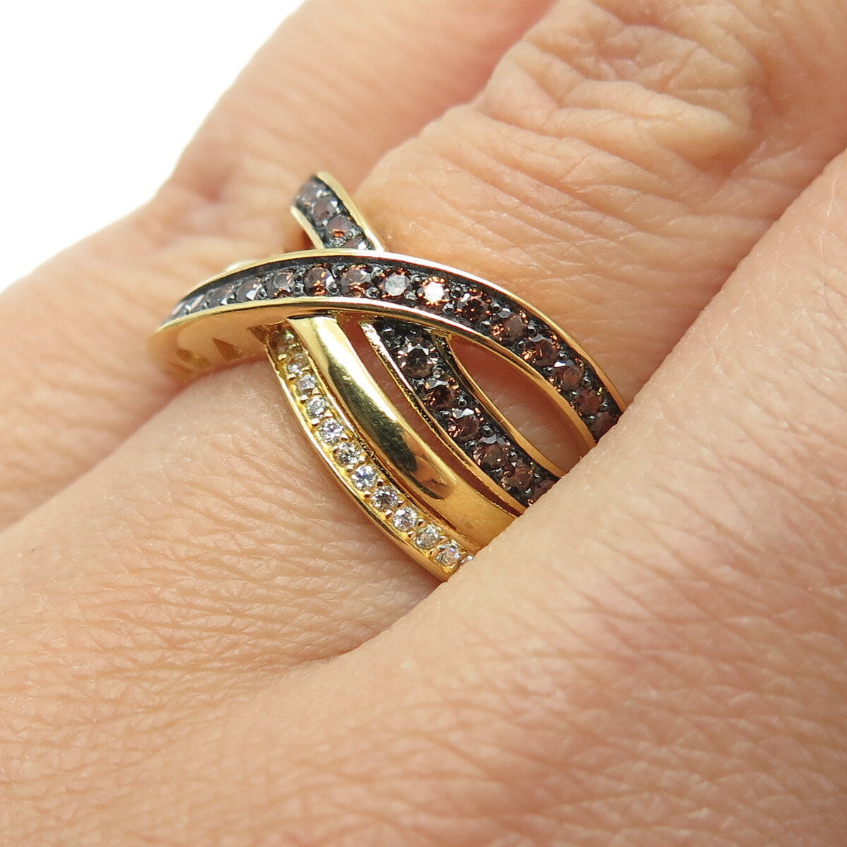 925 Sterling Silver Gold Plated Real Smoky Quartz & C Z Crisscross Ring Size 7