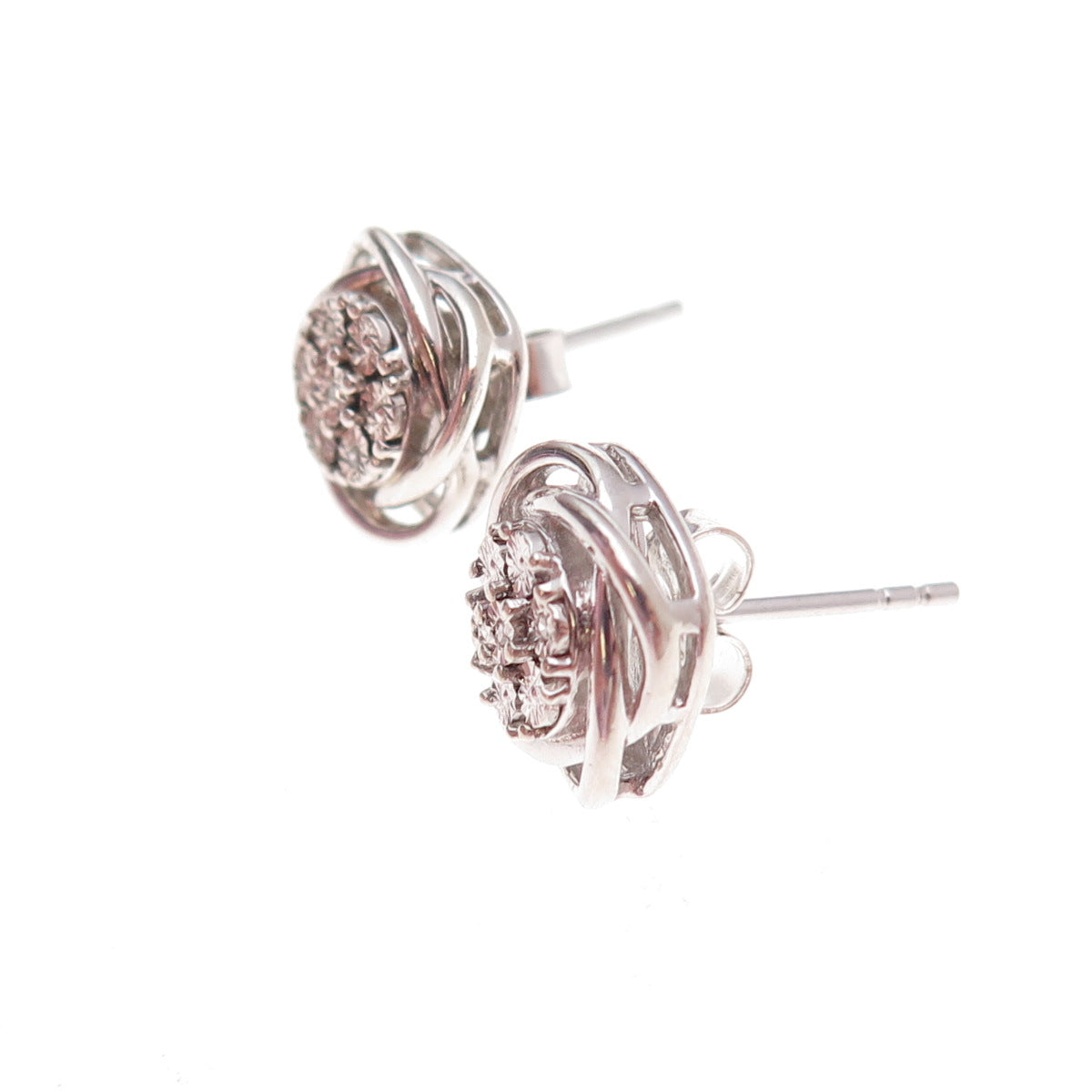 925 Sterling Silver Real Round-Cut Diamond Woven Stud Earrings
