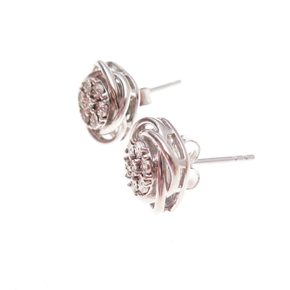 925 Sterling Silver Real Round-Cut Diamond Woven Stud Earrings