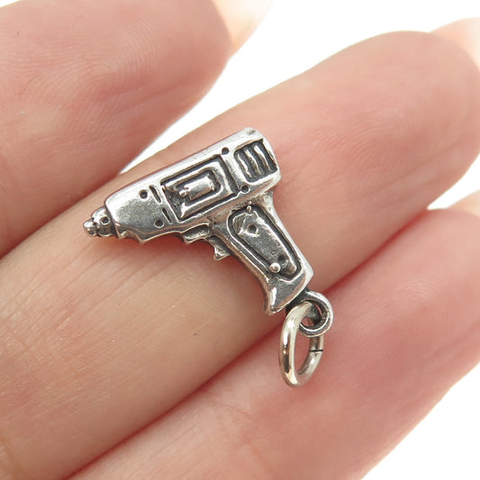 SUN WEST 925 Sterling Silver Vintage Power Drill Electric Tool 3D Charm Pendant