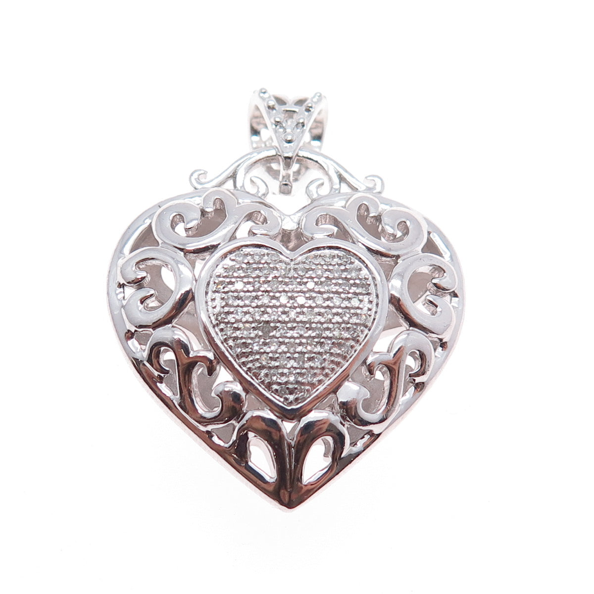 925 Sterling Silver Real Round-Cut Diamond Swirl Heart Charm Pendant