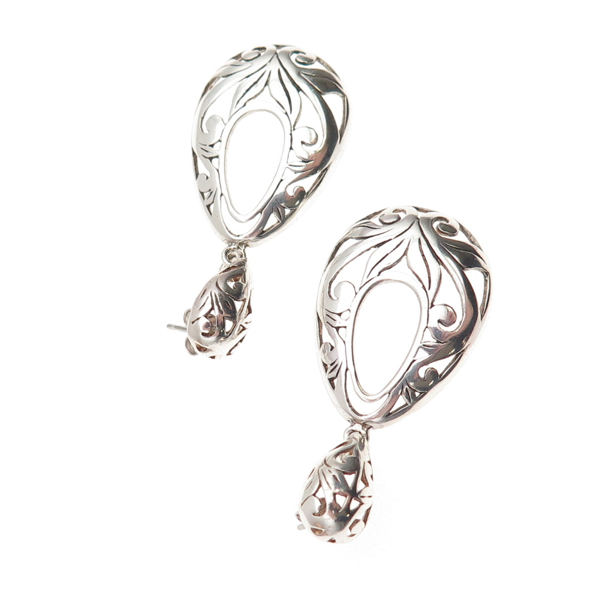925 Sterling Silver Vintage Floral Teardrop Oxidized Dangle Earrings