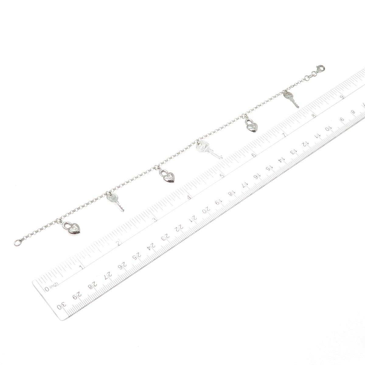 925 Sterling Silver Vintage Key & Heart Charm Rolo Link Anklet / Bracelet 9"