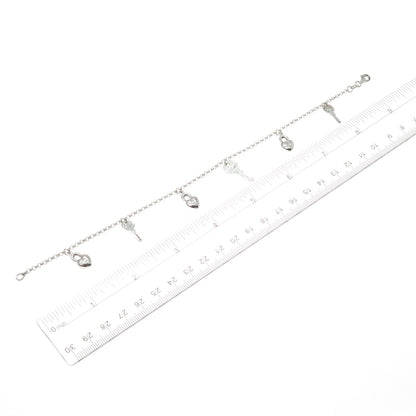 925 Sterling Silver Vintage Key & Heart Charm Rolo Link Anklet / Bracelet 9"