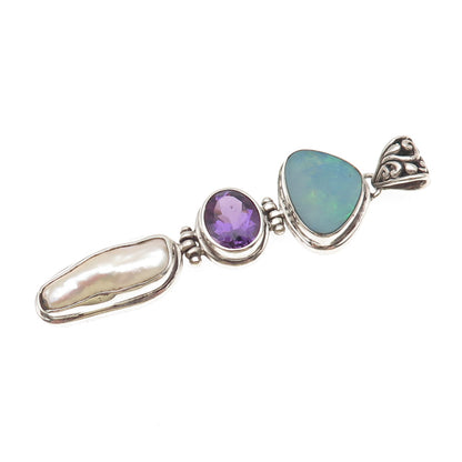 925 Sterling Silver Vintage Real Pearl Opal Lab-Created Peacock Sapphire Pendant