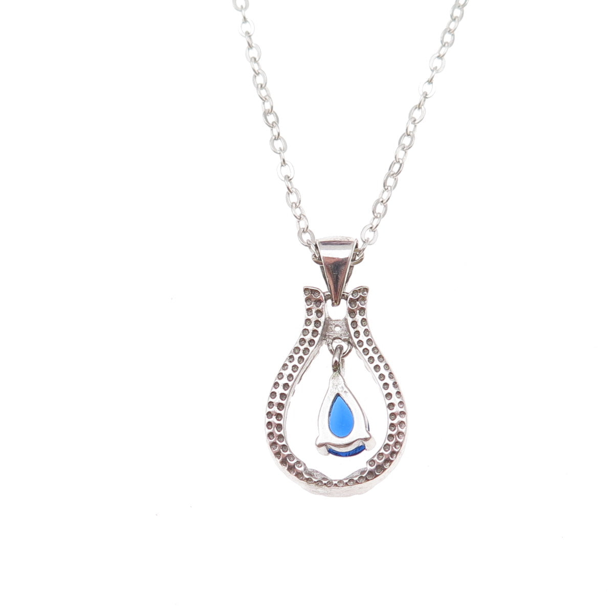925 Sterling Silver Blue & White C Z Teardrop Cable Chain Necklace 18"