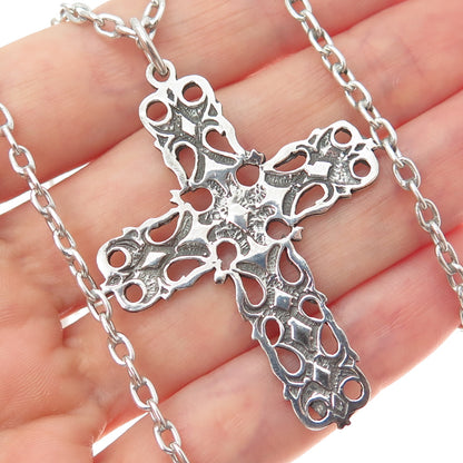 950 Silver Vintage Ornate Cross Oxidized Cable Chain Necklace 28"