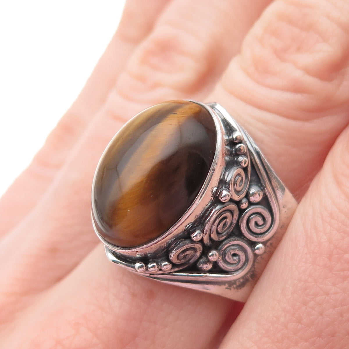 SAJEN 925 Sterling Silver Vintage Real Tiger Eye Swirl Adjustable Ring Size 8.75