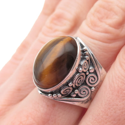 SAJEN 925 Sterling Silver Vintage Real Tiger Eye Swirl Adjustable Ring Size 8.75