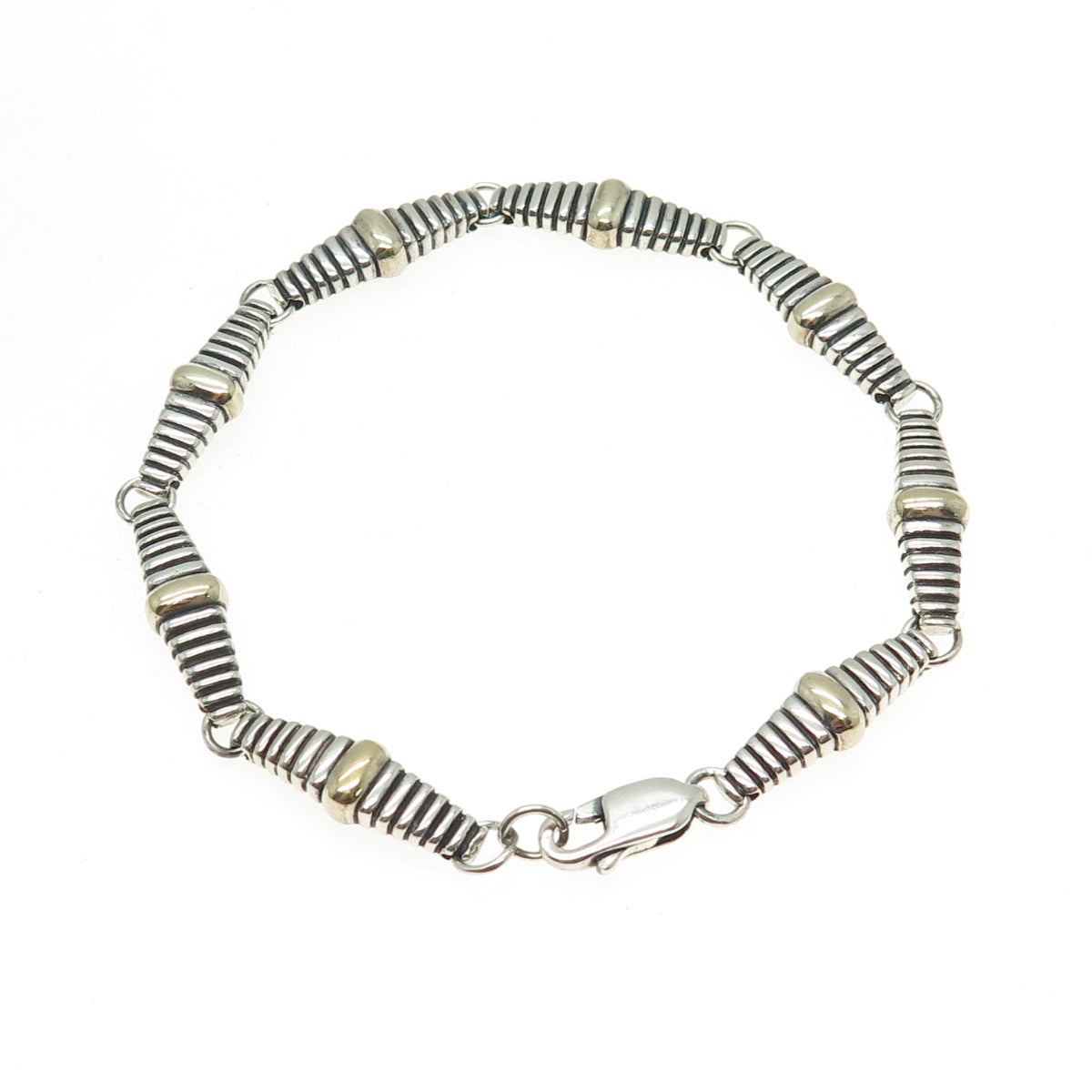 925 Sterling Silver 2-Tone Vintage Ribbed Bar Link Oxidized Bracelet 6.75"