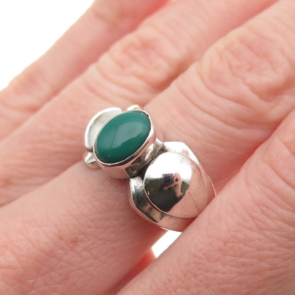 925 Sterling Silver Vintage Real Green Onyx Modernist Oxidized Ring Size 7.75