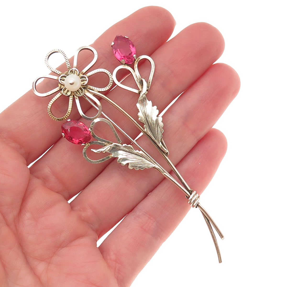Providence St. Sterling 1/20 12K GF Antique Rhinestone Faux Pearl Floral Brooch