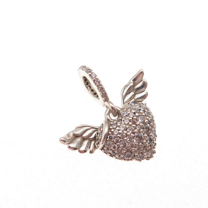 Pandora 925 Sterling Silver C Z Heart & Angel Wings Charm Pendant