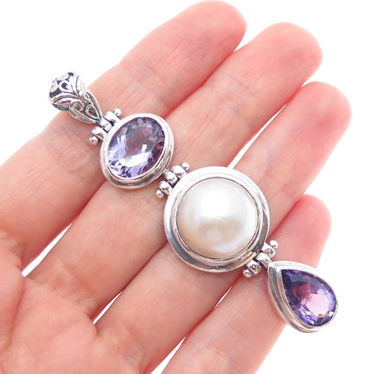 CHAPAL ZENRAY 925 Sterling Silver Vintage Real Amethyst & Pearl Oxidized Pendant