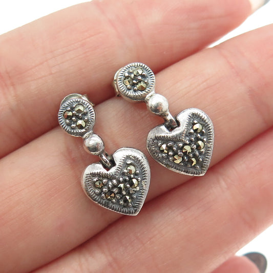 925 Sterling Silver Vintage Real Marcasite Heart Dangling Earrings