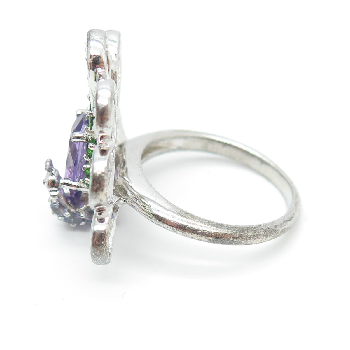 925 Sterling Silver Real Amethyst & Peridot Gemstone Peacock Ring Size 8