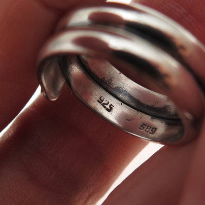 925 Sterling Silver 14K Gold Vintage Modernist Bypass Oxidized Ring Size 6.75