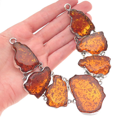 925 Sterling Silver Vintage Real Amber Modernist Centerpiece Statement Pendant